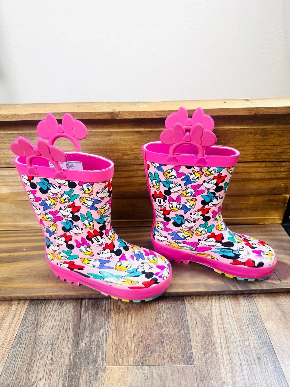 Disney Pink Minnie Mouse Kids Rain Boots with Bow Handle Kids 9-10